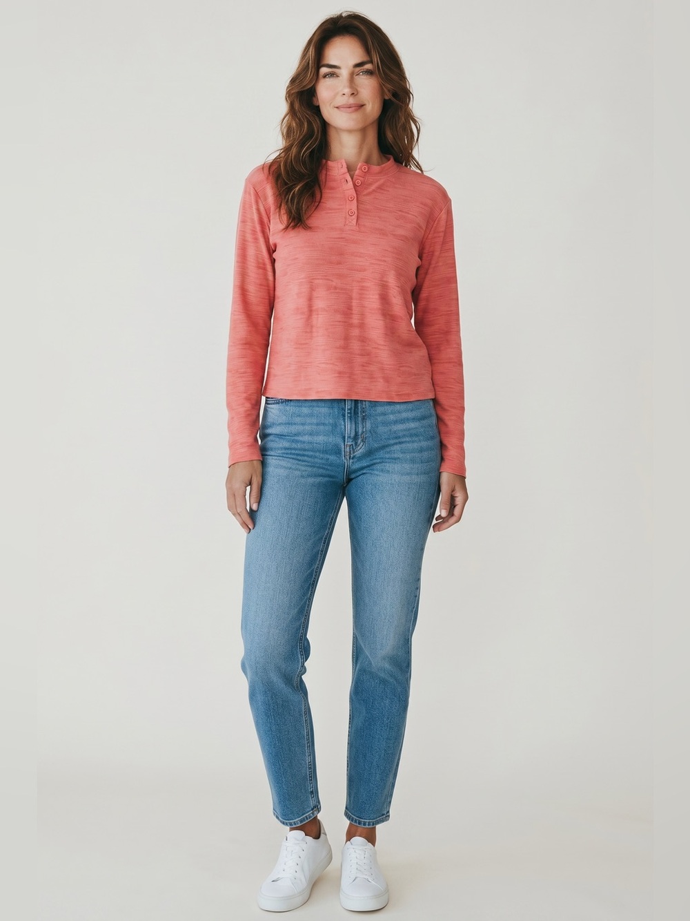 Woolrich Long Sleeve Floral Knit Henley Tee //  Salmon Red // Medium